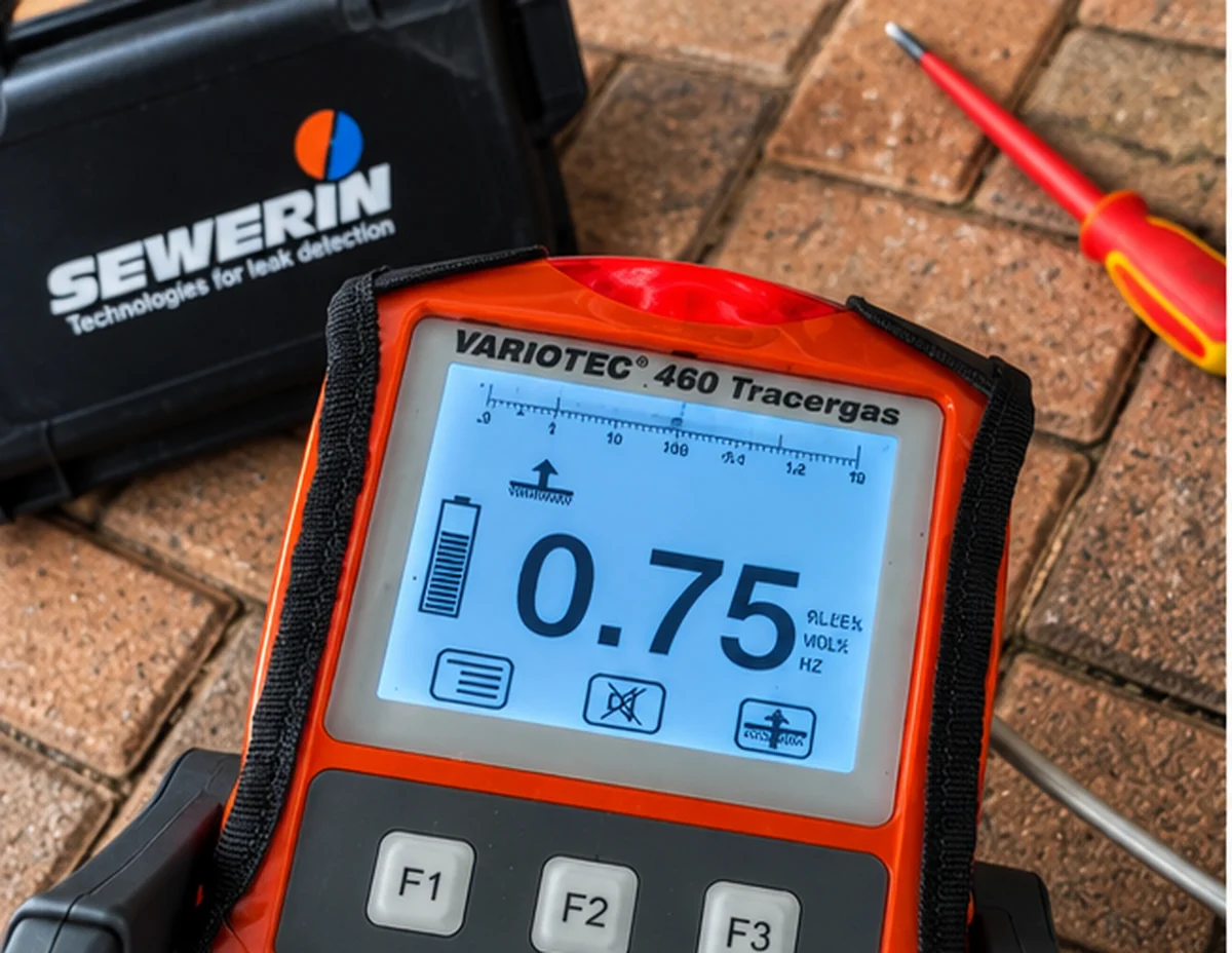 Illustration of a Sewerin VARIOTEC 460 tracer-gas detector on brick paving
